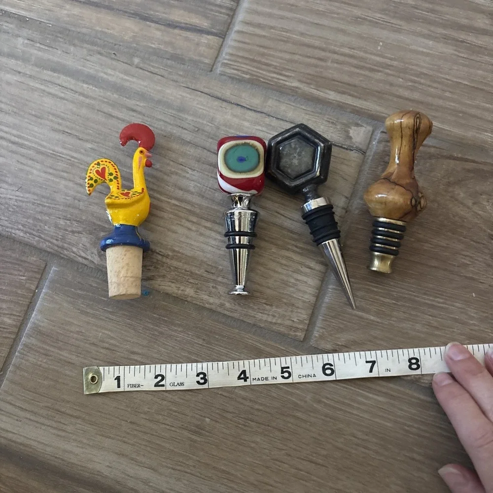 Wine/Liquor Lot of 4 Stoppers Metal Wooden Handblown Glass Ceramic Chicken